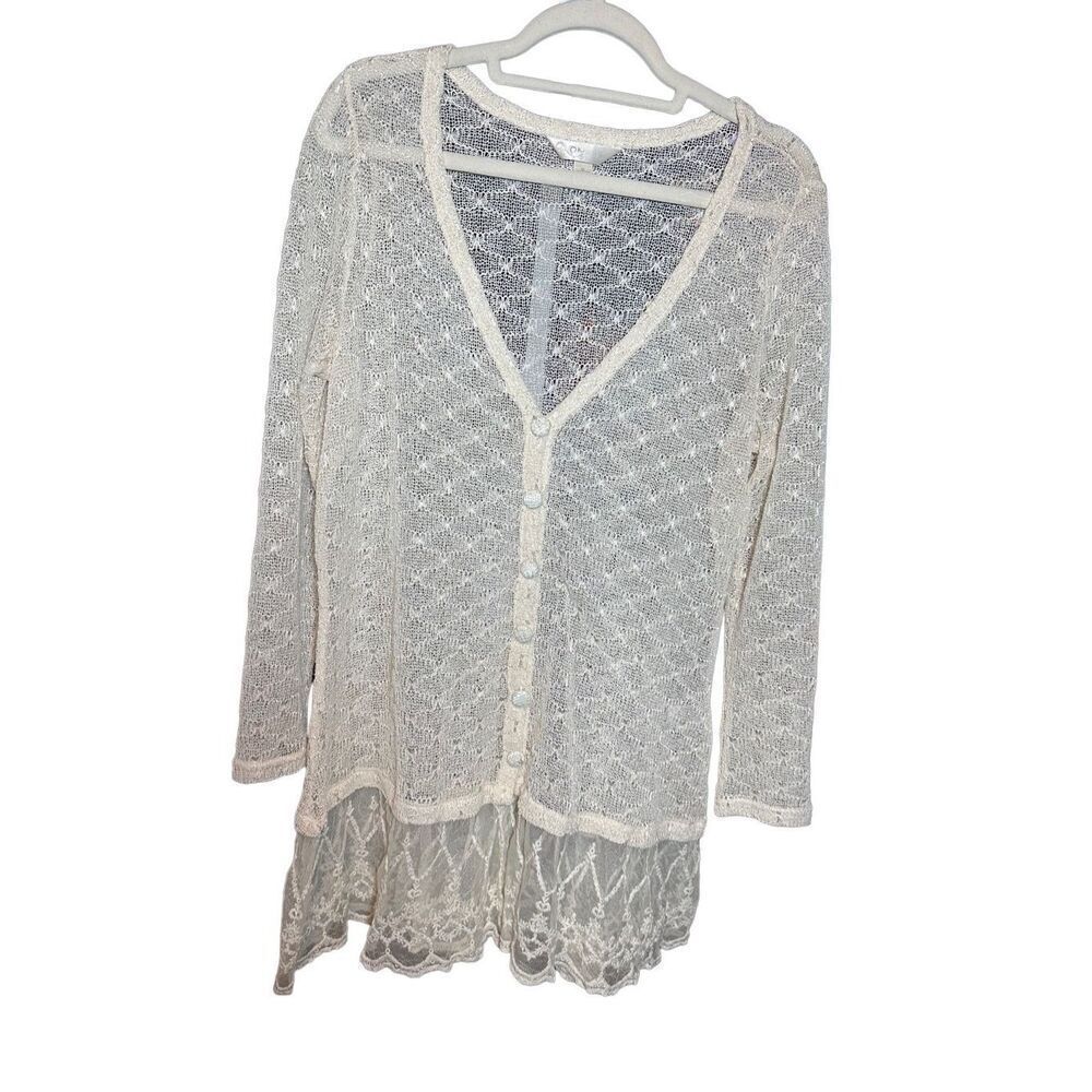Krazy Kat Ivory Cream Open Knit Long Sleeve Button Front Lace hem Top